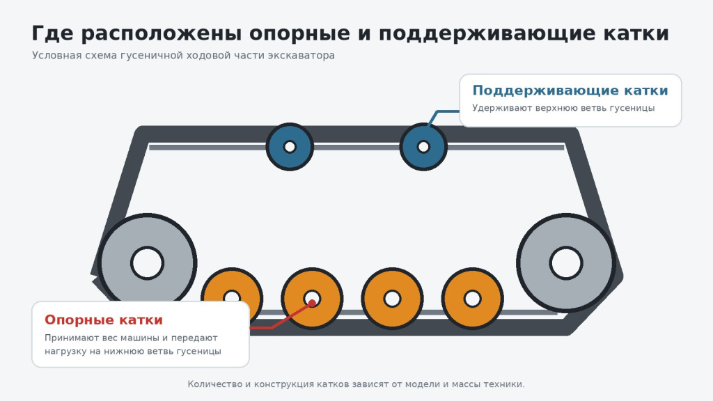 Расположение опорных и поддерживающих катков экскаватора