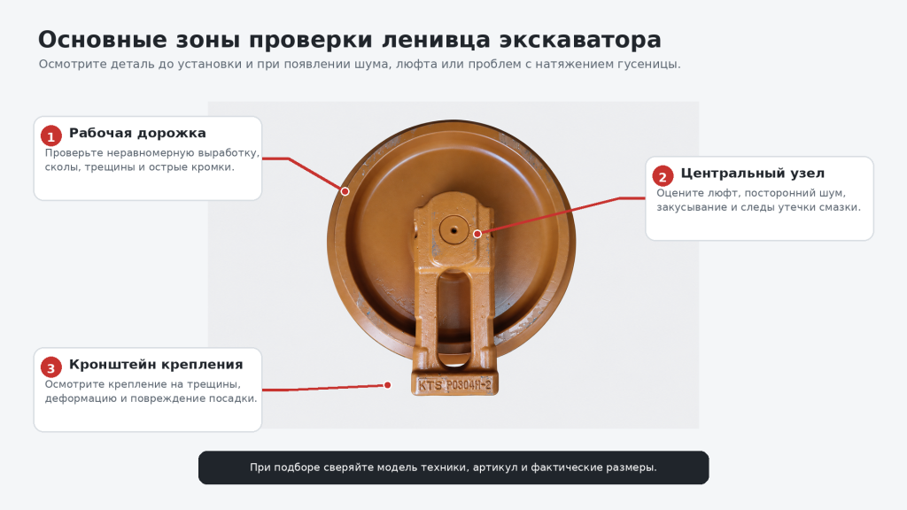 Основные зоны проверки ленивца экскаватора